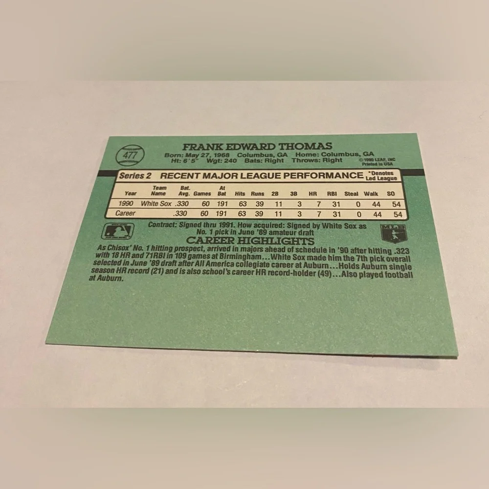 Frank Thomas RC Rookie Error 1990 Donruss Baseball Card (no period after inc)